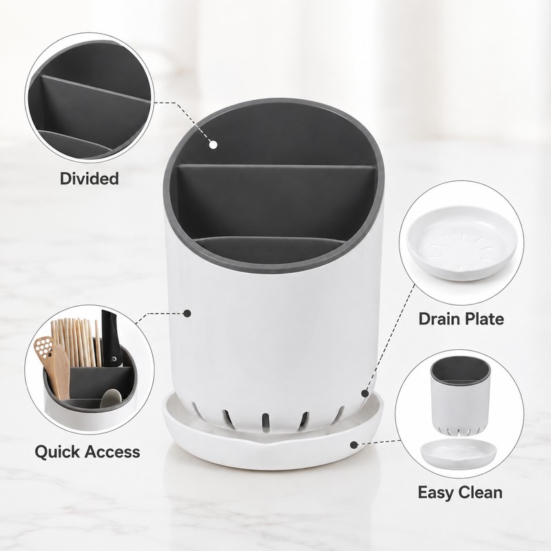 Chopstick Holder with Drain Plate for Kitchen - Divided Utensil