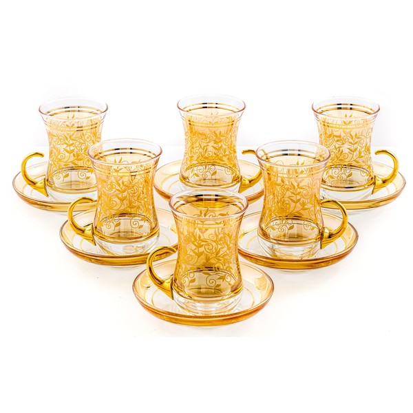 GOLDEN HORN Turkish Tea Set with 22k Gold Carved Tea Cups and Saucers - 6 Tea Glass 3.45 floz(100 ml) Each and 6 Glass Painted Saucers - Packaged in a Special Gift Box Tea Cup Sets (Yellow)