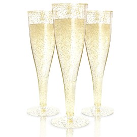 Prestee 48 Champagne Flutes Plastic - Disposable Champagne Flute - Gold Glitter Plastic Champagne Glasses for Parties - Mimosa Bar, Wedding, Shower Party, New Years Eve Party Supplies 2024 (Gold)