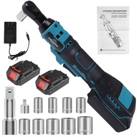zaygyize 3/8'' Cordless Ratchet Wrench, 60FT-LBS (80N.m) Electric Ratchet with 21V 2 X 2.0Ah Battery, 400 RPM Chargeable Power Ratchet Driver Set with 8 Sockets,1/4 Adaptor, 3" Extension Bar