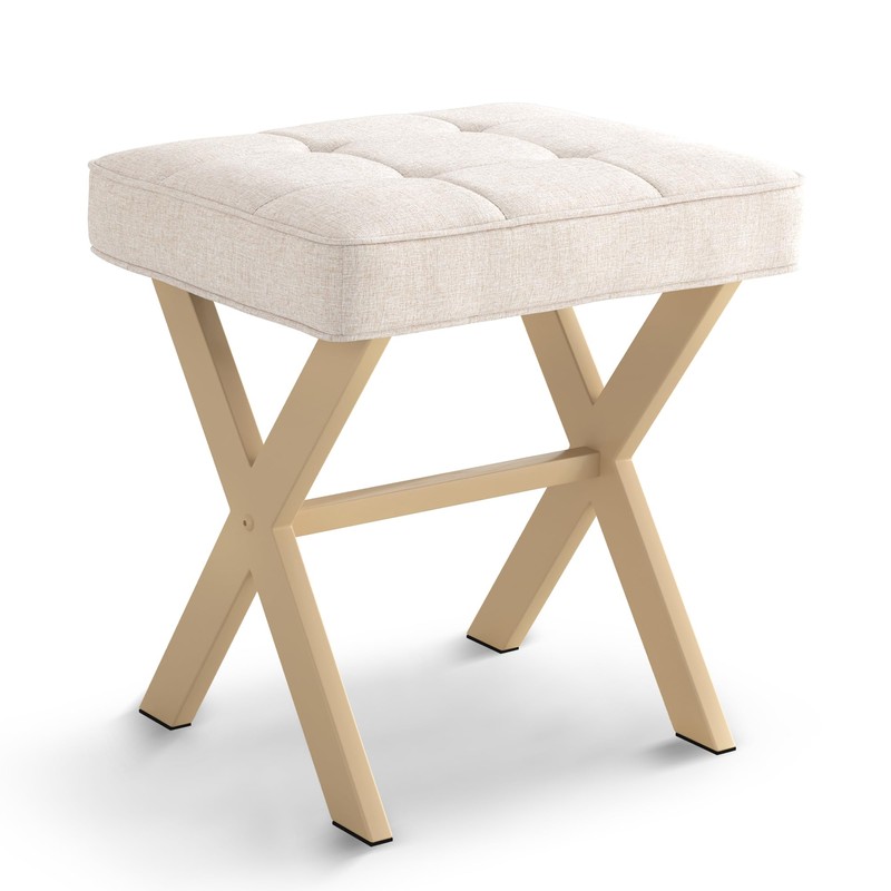 LUE BONA Square Linen Makeup Stool, Metal X Legs, Small