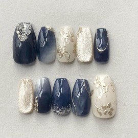 WAFOLOZE Nails Press on, Almond Press on Nails Medium Girls Fake Nails with Peach Blossom Print & Silver Cat's Eye Design, Acrylic Artificial False Nails Press Ons Floral Glue on Nails For Women