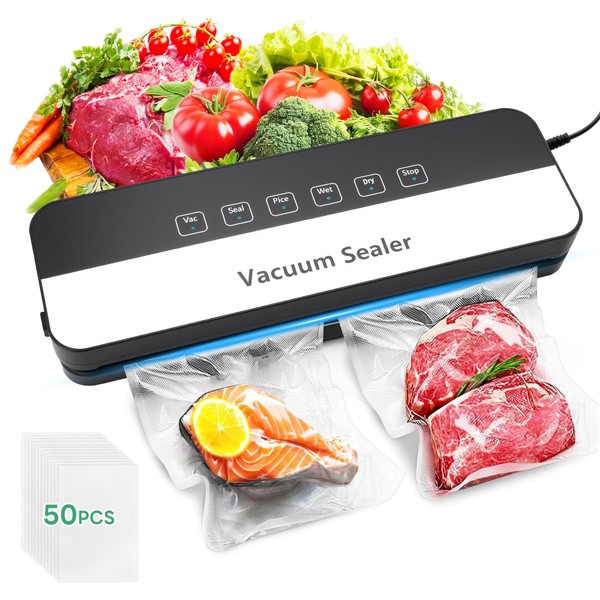 Vakuumierer, 6-in-1 Vakuumierer Lebensmittel Trocken-/Nassmodus, Lebensmittelfolien-Versiegelungsgerät mit Vakuumbeutel