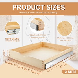 Menkxi 2 Set Pull out Tray Cabinet Organizer Wooden Pull Drawers storage Slide out Pantry Shelf for Base Cabinet Kitchen Gentle Close Fully Assembled Accessories(Wood Color,18'' X 21'' X 3'')