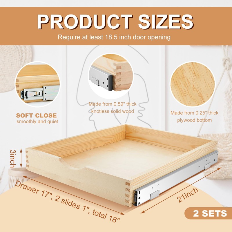 Menkxi 2 Set Pull out Tray Cabinet Organizer Wooden Pull