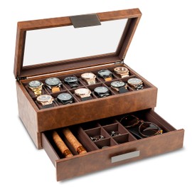 Glenor Co Watch Box with Valet Drawer for Men - 12 Slot Luxury Case Display Watch Organizer, Metal Buckle for Mens Jewelry Watches, Men's Storage Boxes Holder has Large Glass Top - PU Leather Brown