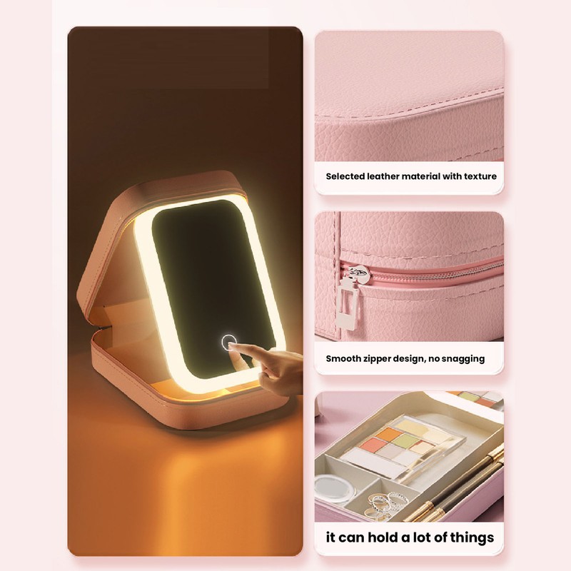 Jewelry Storage Box 3 Color Adjustable Lighting Leather Travel Makeup