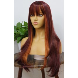 MSMYRNS 99J Ginger Orange Highlights Mixed Color Synthetic Wig With Bangs Natural Wavy Fringe Unit Glueless Full Machine Made Scalp Wig None Lace Wig Fashion Girls Party Cosplay Daily Use Gift