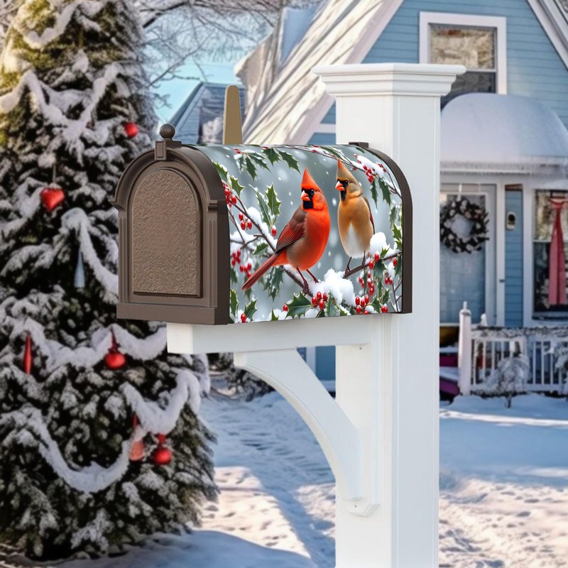 Winter Cardinal Birds Mailbox Cover - Magnetic Standard Size 18"