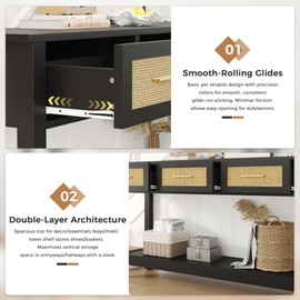 JASIWAY Black Console Table with Storage, 47" Rattan Entryway Table with Drawers, Narrow Long Foyer Sofa Table for Living Room, Entryway, Hallway, Front Door, Mesa de Entrada de Puerta, Boho