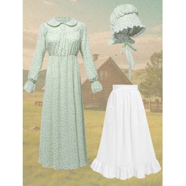 Pioneer Prairie Dress Women - Amish Colonial Dress with Bonnet & Apron (Green, XX-Large)