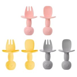 Yummy Baby 3 Pack Deluxe Baby Spoons and Forks Feeding Sets, 3 Month+ First Stage Self Feeding Training Toddler Utensils, For Baby Led Weaning,100% Food Grade Silicone and BPA Free (Pink/Yellow/Gray)