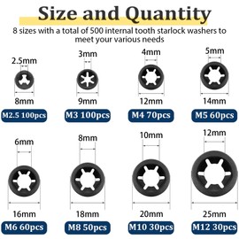 Vifmy 500PCS Internal Tooth Star Lock Washers, M2.5 M3 M4 M5 M6 M8 M10 M12 Quick Speed Locking Washers Assortment Kit, Steel Black Oxide Finish Push on Locking Washer | Vifmy