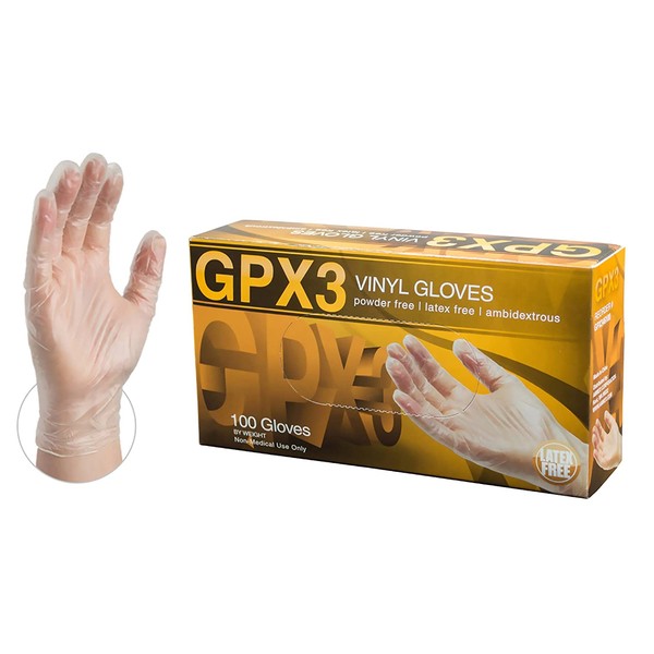 X3 Clear Vinyl Industrial Gloves, Box of 100, 3 Mil, Size Small, Latex Free, Powder Free, Disposable, Food Safe, GPX342100-BX