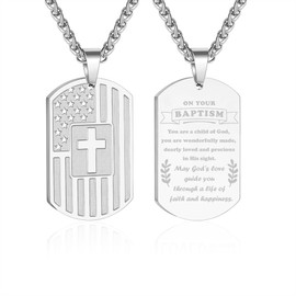 Zocomi Baptism Gifts for Boys Men，Dog Tag Cross Necklace America Flag Pendant Chain Jewelry Baptismal Religious Christian Catholic Jewelry Gifts Teen Teenage Kids Age Son Easter Basket Stuffers Silver