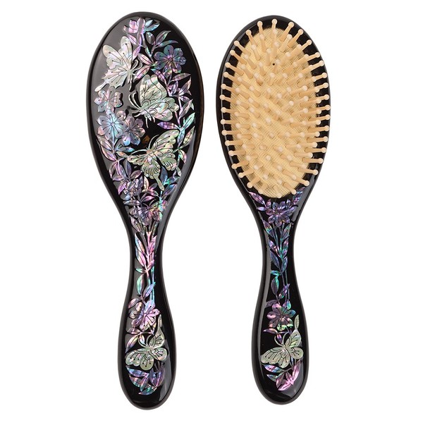 Antique Alive Mother of Pearl Inlay Art Butterfly Flower Luxury Oval Black Salon Styling Hair Brush Detangling Anti Static Scalp Massage Comb Wooden Handle Bristle Cushion Kids Girl Gift Hairbrush