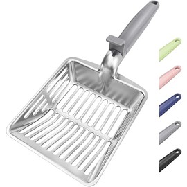 Metal Cat Litter Scoop, Large Cat Scooper with Deep Shovel & Dual Sifting Holes for Fast & Precise Sifting, Space Aluminum Kitty Litter Scooper with Long Handle & Easy-to-Hang Hook - Grey