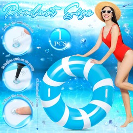WinnerWhy 1 Pcs Jumbo Blue Swim Ring with Handles 47.24 Inches Inflatable Pool Float Tube Classic Striped Inflatable Swimming Pool Ring for Adults Summer Pool Lounger Rafts Beach Party Supplies