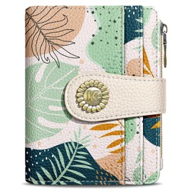 Kelvoris Boho Leafs Abstract Art Small Rfid Women Wallet Bifold Zipper Coin Pocket PU Leather Compact Cash Credit Card Holder Travel Wallet for Female Ladies Teen Girls 1 ID Window 10 Card Slots