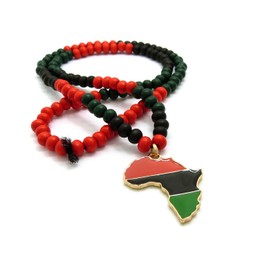 Small Size Pan African Colored Africa Map Pendant 6mm 24" Multi Wooden Bead Necklace in Gold Tone (Africa Map)