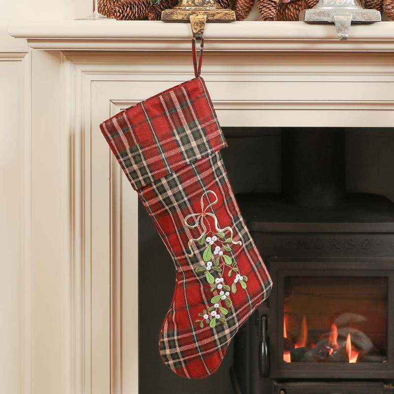 Dibor Set of 2 Festive Tartan Stockings with Mistletoe Embellishment
