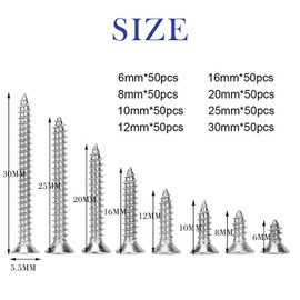 M3 Self-Tapping Screws, 400pcs Stainless Steel Phillips Flat Head Srews Cross Head Multi-Purpose Self Tapping Wood Screw Countersunk Head Fastening Screw