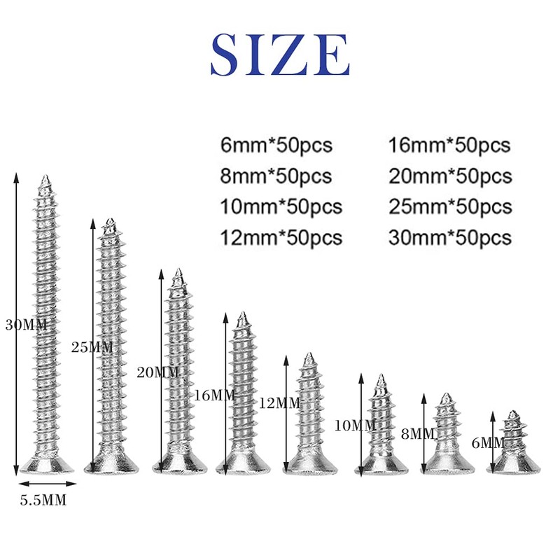 M3 Self-Tapping Screws, 400pcs Stainless Steel Phillips Flat Head Srews