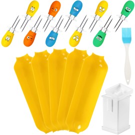 AUGSUN Corn on The Cob Holders Kit, Corn Dishes and Corn Holders Set, Includes 10 Fun Face Corn Holders 5 Corn Trays and Butter Spreader Oil Brush for Home BBQ Cooking Party Camping