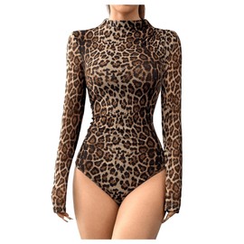 OYOANGLE Women's Leopard Print Bodysuits Long Sleeve Mock Neck Fitted Jumpsuit Tops Brown Small