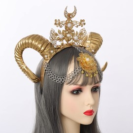 women Golden Flower Sheep Horn HairBand Gothic Headwear Costume Steampunk Cosplay (gold)