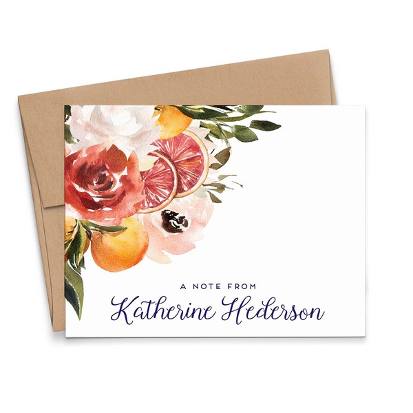 Rustic Personalized Floral Stationary with Envelopes, FOLDED NOTE CARDS, Citrus