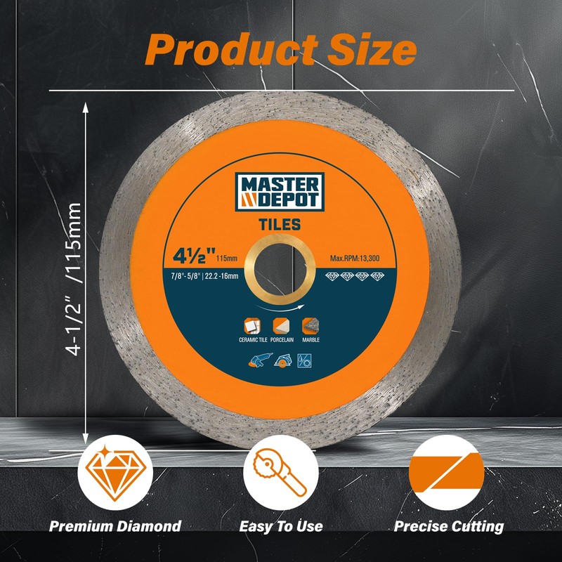 MASTER DEPOT 4-1/2" Continuous Rim Diamond Blade - Cleaner &