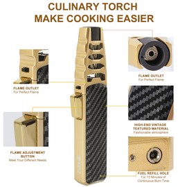Butane Torch Lighter, Refillable Kitchen Cooking Torch Windproof Adjustable Flame Solar Beam Torch Blow Torch with Safety Lock for Baking Creme Brulee (Butane Gas Not Included)