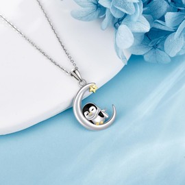 URONE Moon Penguin Necklace Sterling Silver Penguin Pendant Necklace Animal Jewellery for Women