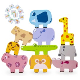 Hagiyaki Toddler Toys Wooden Animal Blocks - Sorting & Stacking Montessori Toys for 3 4 Year Old Boys Girls, 10Pcs Wood Blocks with Storage Bag, Kids Educational Puzzle Balance Toys Birthday