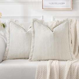 MIULEE Pack of 2 Sage Green Throw Pillow Covers 18x18 Inch Striped Farmhouse Couch Cushion Covers with Fringe Linen Decorative Accent Pillowcase with Tassels for Sofa Living Room Bed Home Decor