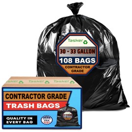 Trash Bags 30-33 Gallon Contractor 2 MIL Heavy Duty (Huge 108 Bags w/Ties) Construction Garbage Bags, 32-33 Gallon Trash Bags Heavy Duty Garbage Bags, Extra Large Trash Bag for Industrial & Commercial