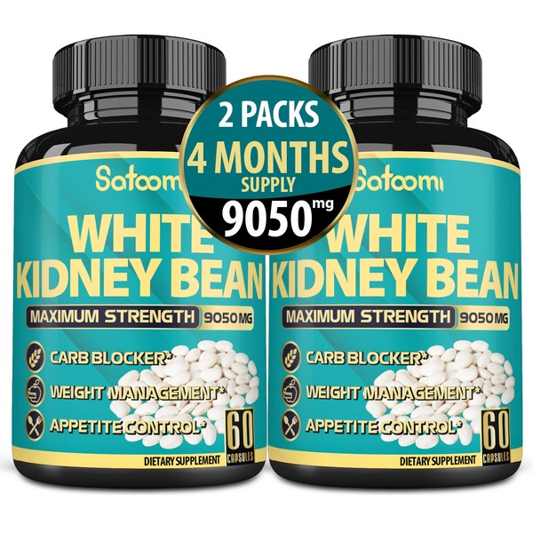 Pure White Kidney Bean Capsules -4 Month Supply- Equivalent to 9050mg of 6 Herbs - Support Carbs Management, Body Building and Starch Blocking- 120 Count