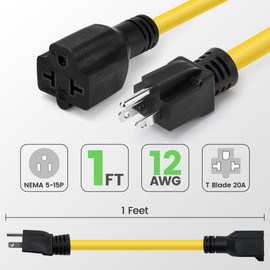 [4-in-1] 12AWG 15 Amp Household AC Plug to 20 Amp T Blade Adapter Cable 1Feet, Heavy Duty 15A 125V to 20A 250V Power Extension Cord Converter, Nema 5-15P to 5-15R/5-20R, 5-15P to 6-15R/6-20R Extender