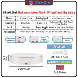 Rotating Display Stand with Type-C Power Cable, 360 Motorized Turntable Adjustable Speed and Direction, Photography Spinning Platform for Product Shooting and Displaying (White, 7.87'')