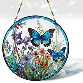 7.8" Blue Butterflies and Flowers Stained Glass Suncatcher Art Glass Monarchs for Indoor Window Gift for Pet Animal Nature Floral Lover Women Mom Friend Painted Panel Décor BUG-03C-SG8