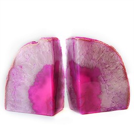 JIC Gem Decorative Crystal Book Ends Polished Dyed Pink Color Geode Brazilian Agate Bookends with Rubber Bumpers Small Size(1 Pair, 2-3 LBS)