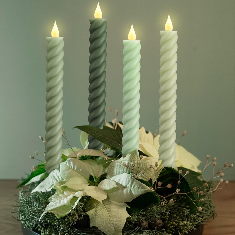 Baquler 6 Pcs Sage Green Flameless Taper Candle Twisted LED