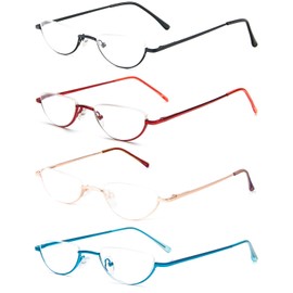 REAVEE 4 Pack Retro Designer Alloy Half Moon Reading Glasses Women Men Half Frame Spring Hinge Stylish Slim Reader with Pouch,Black,Red,Gold and Blue,1.25