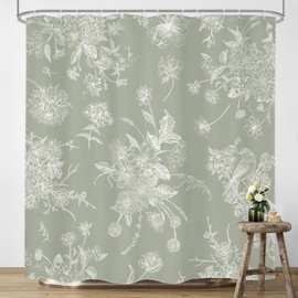 LIGHTINHOME Boho White Green Floral Shower Curtain 72Wx72H Inches Vintage Blossom Bird Retro Rustic Farmhouse Chinoiserie Aesthetic Cream Waterproof Polyester Bathroom Home Decor Set with Hooks