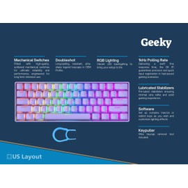 Geeky GK61 SE 60% | Mechanical Gaming Keyboard | 61 Keys Multi Color RGB LED Backlit for PC/Mac Gamer | ANSI US American Layout (Lavender, Mechanical Black)