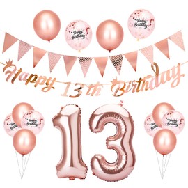 Beainfir 13th Birthday Decorations Set Include Rose Gold Happy 13th Birthday Banner,Triangle Flag Banner,Confetti Latex Balloons and Foil Balloons for Party Decoration Supplies for Girls and Boys