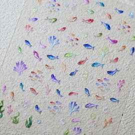 Summer Ocean Theme Nail Art Stickers, 5D Self-Adhesive Fish and Coral Decals, 2 Sheets, Embossed Designs for Beach Vacation Nail Decoration