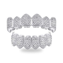 TOPGRILLZ Grillz Vampire Teeth Silver Grills for Your Teeth Diamond Grillz for Women 18K Gold Plated Iced out Hip Hop Teeth Men Rapper Costume Cosplay Extra Molding Bars（Silver）