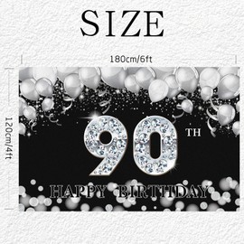 Happy 90th Birthday Backdrop, Ninety Years Old Birthday Decoration Banner, Black Silver Large Backdrop for Women Men 90th Birthday Party, 6x4ft